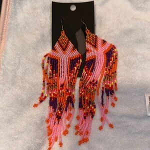 Vibrant Orange and Pink Beaded Earrings with Fringe